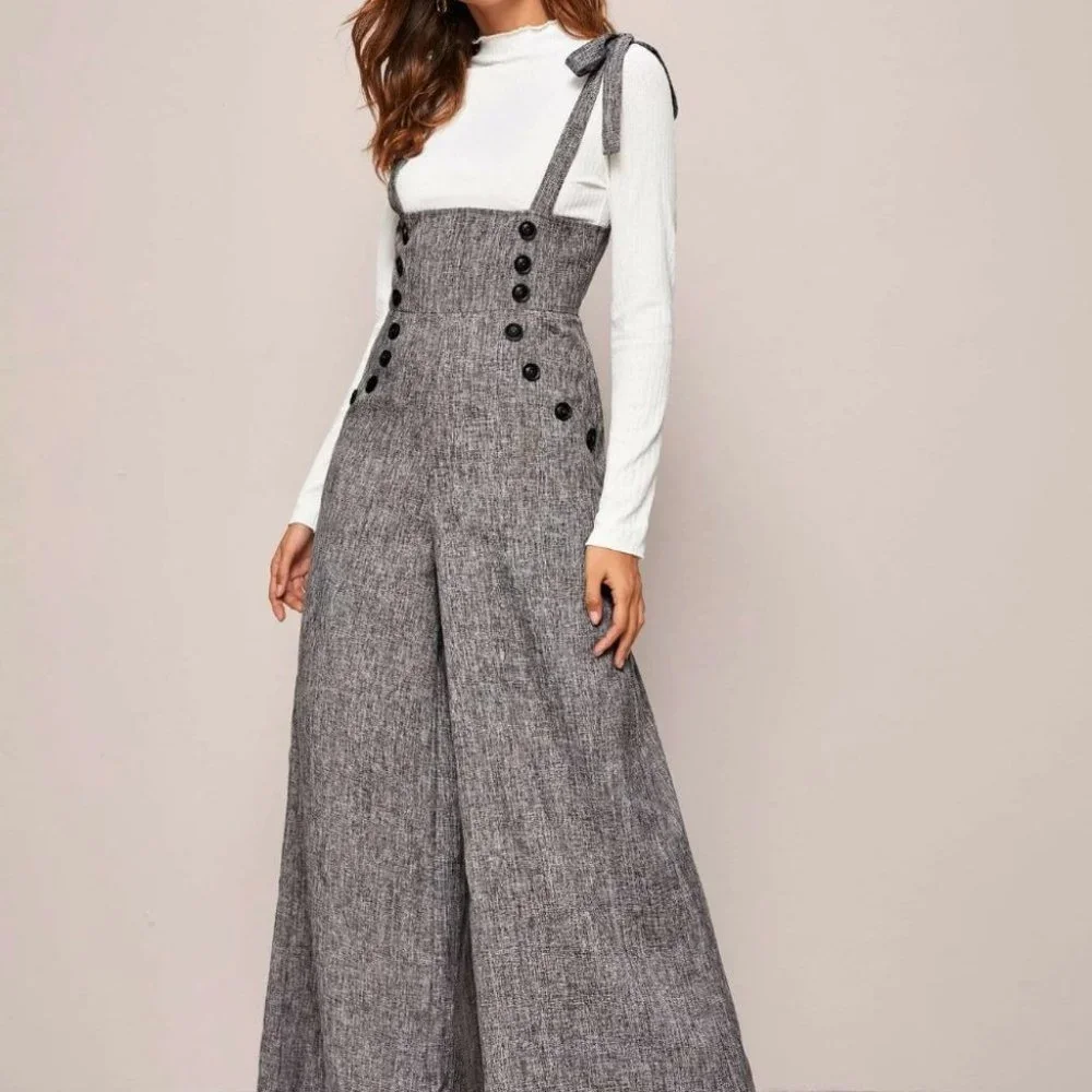 GRAY LINEN LOOK POCKETED SUSPENDER JUMPSUIT CHIC CLASSY FALL WINTER